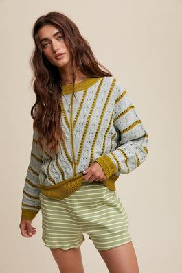 V- Striped Pointelle Light Weight Knit Sweater