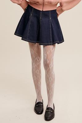 Front Zip Pleated Stitch Detail Denim Mini Skirt