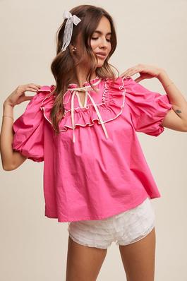 Ruffle Detail Tie Front Puff Sleeve Top