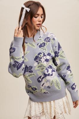 Floral Pattern Crew Neck Knit Sweater