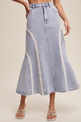 Lace Detail Mermaid Denim Maxi Skirt