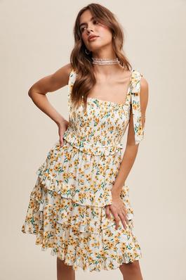 Floral Smocked Ruffle Tiered Tie Shoulder Dress