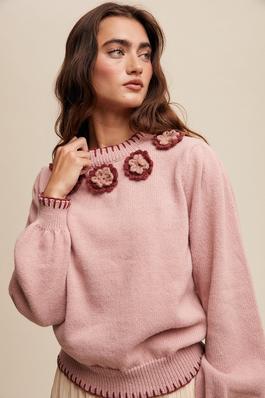 Flower Crochet Detail Pullover Knit Sweater