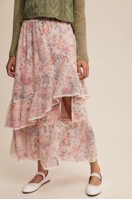 Mesh and Floral Layered Ruffle Maxi Skirt