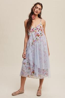 Floral Print Midi Dress with Drapey Mesh Detail