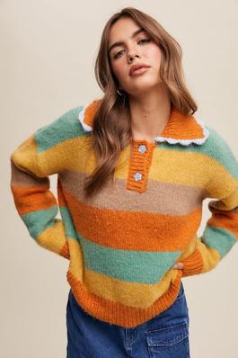 Cozy Multi Striped Sweater with flower buttons