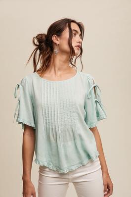 Linen Bow Tie Sleeve Pleated Blouse Top
