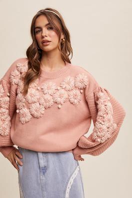 Hand Embroidered Flower Detail Knit Sweater