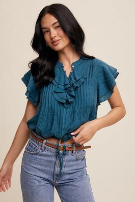 Ruffled Button Front Tie Waist Blouse Top