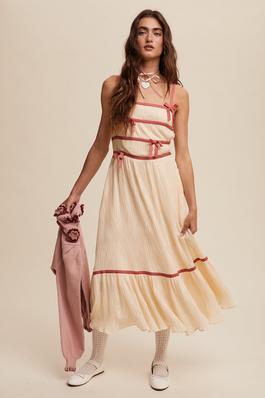 Plisse Bow Contrast Romantic Summer Dress