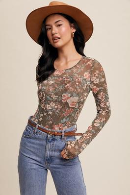 Floral Print Mesh Fitted Long Sleeve Top