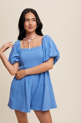 Square Neck Puff Sleeve Babydoll Romper
