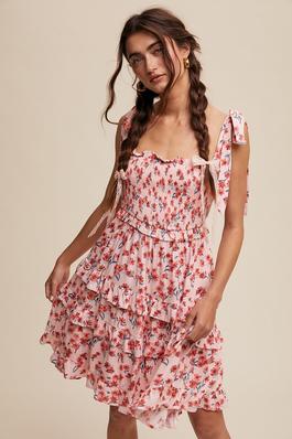 Floral Smocked Ruffle Tiered Tie Shoulder Dress