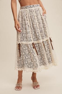Lace Layered with Velvet Bow Detail Maxi Skirt
