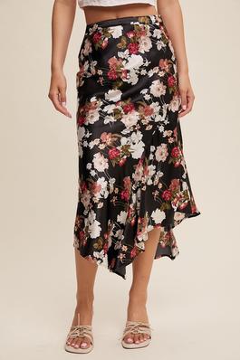 Floral Print asymmetrical Ruffle Hem Midi Skirt