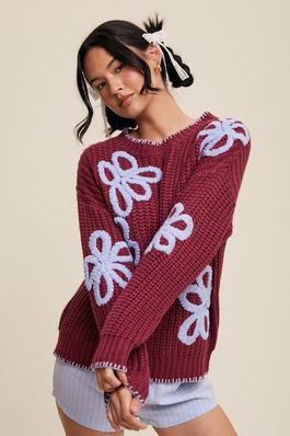 Flower Detail Ribbed Knit Chunky Sweater