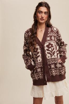 Flower Aztec Patterned Knit Cardigan