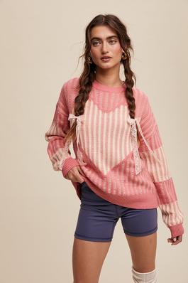 Contrast Knit Heart Crew Neck Sweater