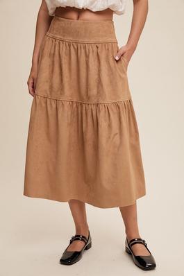 Suede Tiered Maxi Skirt with Back Bow Tie