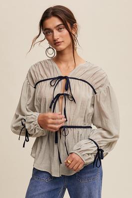Bow Tie Front Contrat Long Sleeve Blouse Top
