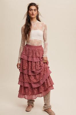 Lace and Rose Jacquard Ruffle Tiered Maxi Skirt