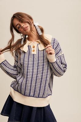 Ruffle Collar Button Front Contrast Plaid Sweater