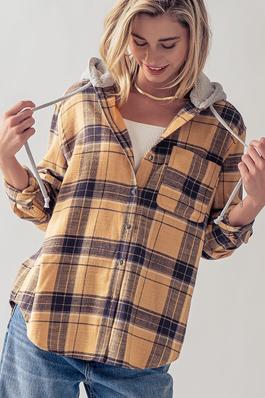 PLAID BUTTON UP FLECCE LINED HOODIE TOP