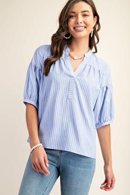 Striped Blouse with Quarter Length Bubble Sleeves