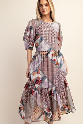 Mixed Print Midi Dress