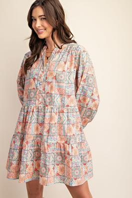 Printed Long Sleeve Button Up Dress