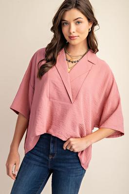 Pull On V-Neck Collared Top