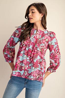 Printed Pintucked Button Down Blouse