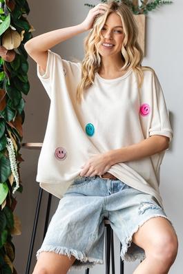 FRENCH TERRY OVERSIZED TOP WITH SMILEY FACE PATCH