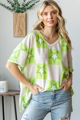 SUMMER CHECKERED STAR V-NECK TOP IN PLUS SIZE