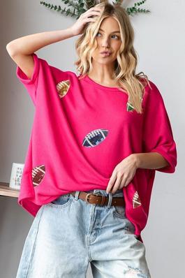 GAMEDAY OVERSIZED TOP WITH FOOTBALL SEQUIN PATCHES