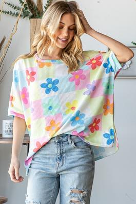 COLORFUL CHECKERED WITH FLORALS OVERSIZED TOP