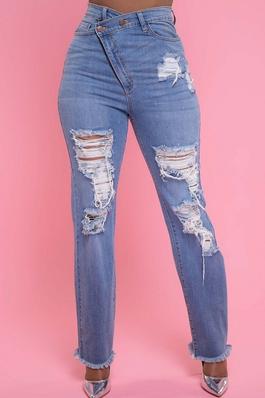 High Rise Medium Blue Washed Destroyed Wide Leg Crossover Closure Jeans