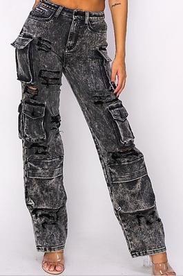 High Rise Distressed Black Acid Wash Cargo Jeans