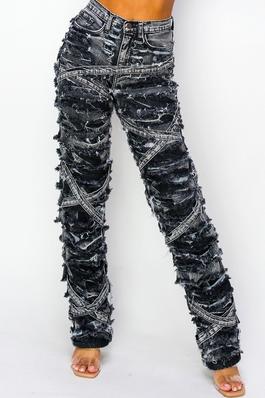 High Rise Acid Black Washed Double Layer Strapped Wide Leg Jeans