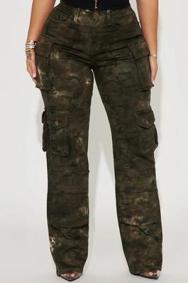 High Rise Green Camo Washed Multi Pockets Wide Leg Cargo Pants