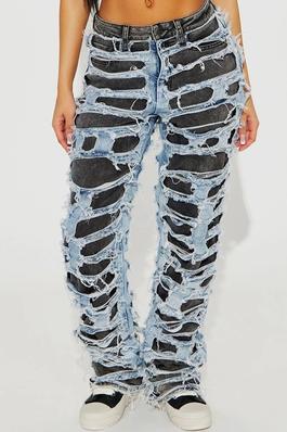 High Rise Acid Black with Acid Light Blue Combo Double Layer Distressed Wide Leg Jeans
