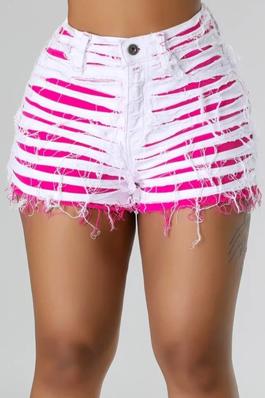 High Rise White And Pink Contrast Double Layered Destroyed Shorts