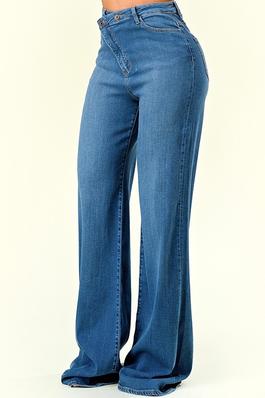 High Rise Medium Blue Washed Wide Leg Crossover Closure Rayon Denim Flare Jeans