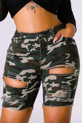 High Rise Green Camo Washed & Distressed Thigh Length Shorts