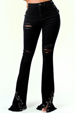 High Rise Black Over Dyed & Washed Distressed Criss Cross Chain Ring Lace Up Raw Hem Flare Pants