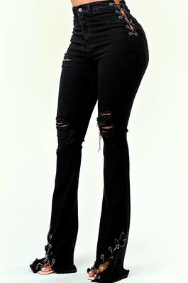 High Rise Black Over Dyed & Washed Distressed Criss Cross Chain Ring Lace Up Raw Hem Flare Pants
