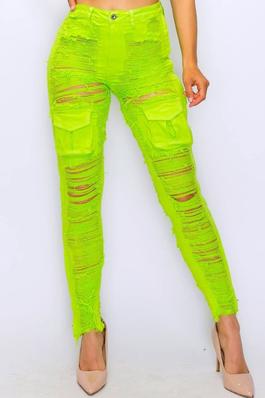 High Rise Side zip up Pointed closure Super Shredded Front Cargo Pocket Neon Green Skinny Pants