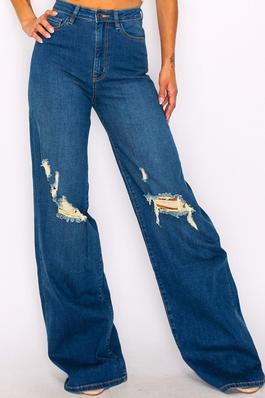 High Rise Medium Blue Vintage Washed Knee Ripped Loose Fit Wide Leg Flare Jeans