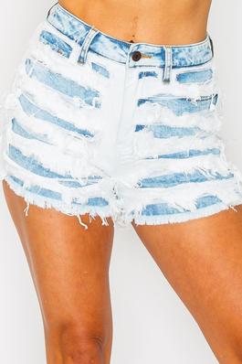 High Rise Acid Light Blue Washed Contrast Double Layer Distressed Shorts