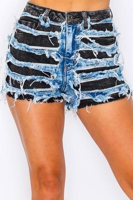High Rise Acid Black Washed Contrast Double Layer Distressed Shorts